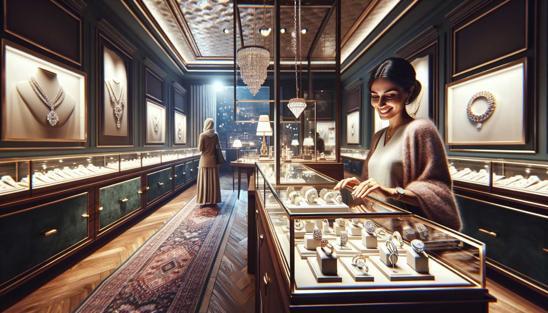 A luxurious jewelry store interior showcasing elegant display cases filled with various exquisite jewelry pieces like necklaces, rings, and bracelets. In the foreground, a customer is trying on a stunning diamond ring, smiling at their reflection in a well-lit mirror. The ambiance is warm and inviting, with soft lighting and rich textures like velvet and polished wood. There are hints of technology, such as a digital screen displaying a virtual try-on option in the corner. The overall atmosphere exudes sophistication and customer engagement in a high-end shopping experience.