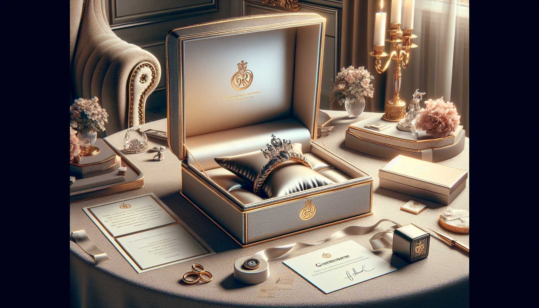 A photo-realistic image depicting an elegant unboxing experience for jewelry. The scene showcases a beautifully wrapped jewelry box with luxurious packaging materials, such as a satin ribbon and embossed logo. The box is partially opened to reveal an exquisite piece of jewelry, elegantly displayed on a soft velvet cushion. Surrounding the box are personal touches like a handwritten thank-you note and a small card with the customer's name. A warm, ambient light enhances the luxurious feel, with a backdrop of a stylish and tasteful setting, conveying a sense of exclusivity and customer appreciation.