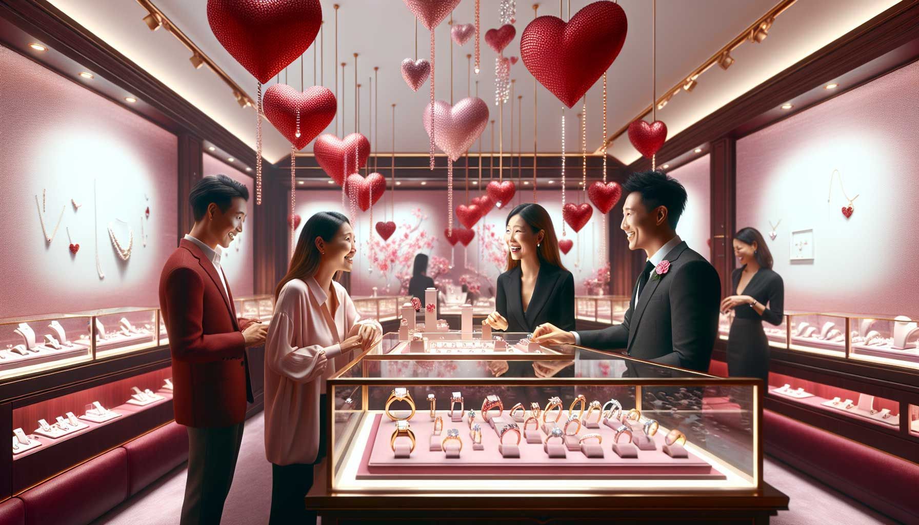 A luxurious jewelry store beautifully decorated for Valentine's Day, featuring red and pink heart-themed decorations, elegant displays of rings, necklaces, and bracelets under soft romantic lighting. The scene includes excited customers browsing and interacting with knowledgeable staff, creating a warm and inviting atmosphere. The overall ambiance reflects a perfect blend of romance and exclusivity, showcasing a range of limited edition jewelry pieces that are highlighted in the showcase, all captured in a photo-realistic style, ratio 16:9.