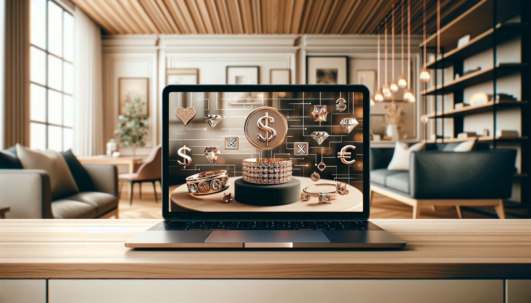 A photo-realistic landscape image depicting a luxurious online jewelry store interface on a laptop screen, set on a stylish wooden table. The screen displays a multi-currency option with various currency symbols (like USD, EUR, GBP) and elegant jewelry pieces, such as rings and necklaces, in the foreground. The background shows a bright, modern workspace with soft natural light, creating an inviting and sophisticated atmosphere for jewelers looking to enhance their online sales strategy.