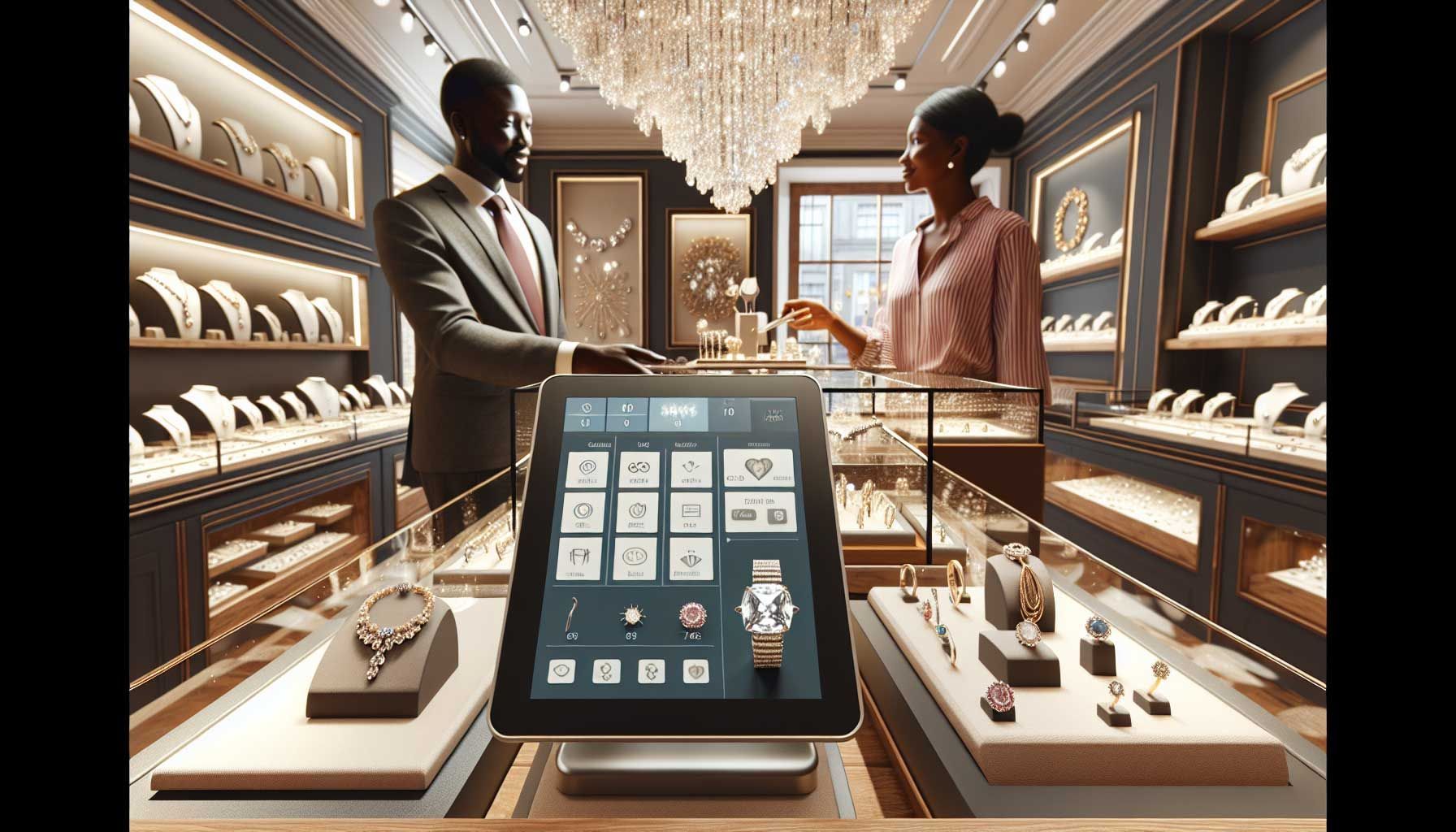 A jewelery store interior with a modern, sleek point of sale system at the checkout counter, displaying an advanced software interface on a touchscreen. The setting should be luxurious, showcasing sparkling jewelry displays with various rings, necklaces, and bracelets. Warm lighting enhances the ambiance, reflecting a professional and customer-friendly environment. A jeweler is interacting with a customer, conveying an attentive and knowledgeable service experience. The image embodies the essence of efficient retail operations in the jewelry industry.