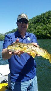 A man is holding a brown trout on a boat.