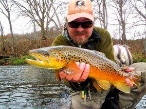 A man is holding a brown trout in his hands in front of a river.