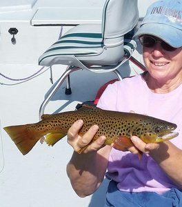 A woman is holding a brown trout on a boat