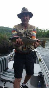 A man is standing on a boat holding a fish.