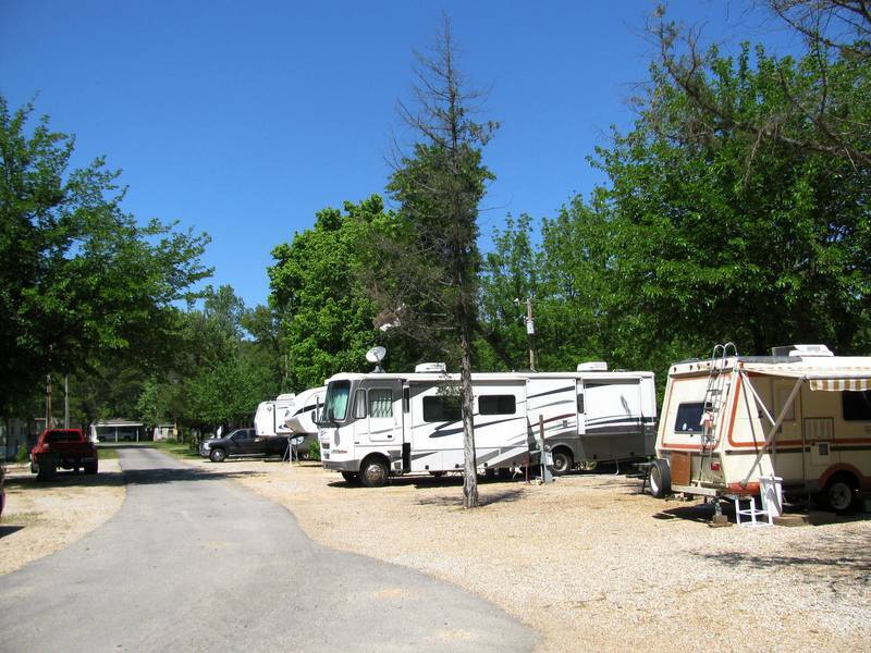 A row of rvs are parked on a gravel road