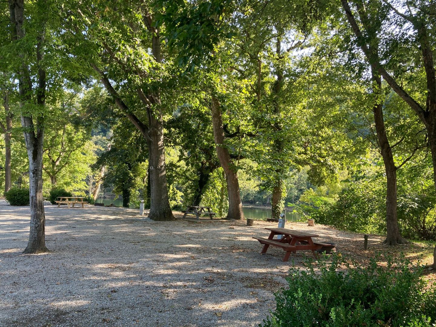 premiere riverfront shaded RV sites with picnic tables and firepits