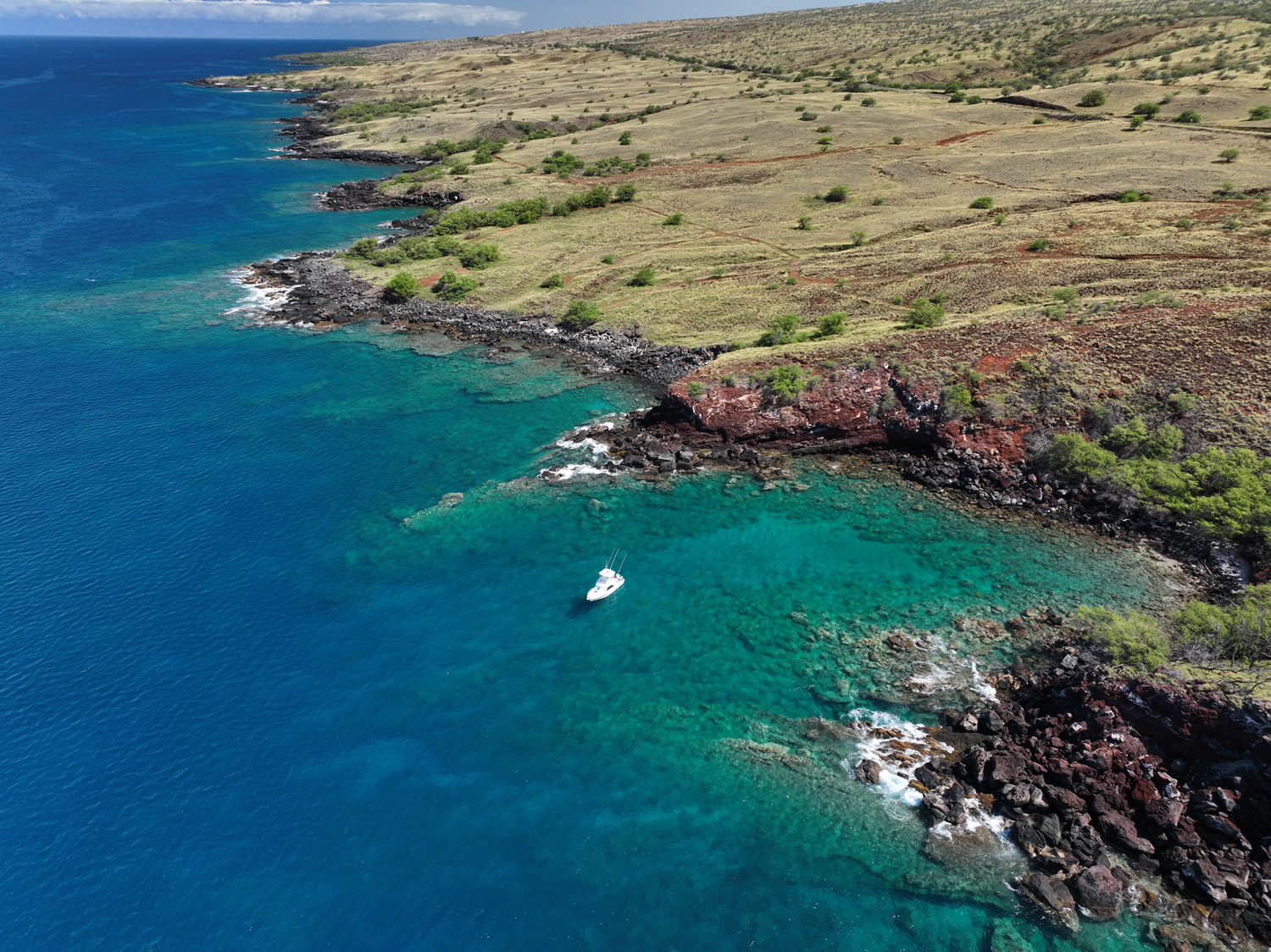 An aerial view of a boat in the middle of a body of water.