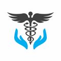 A caduceus medical symbol with two hands holding it.