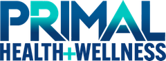 The logo for primal health and wellness is blue and white.