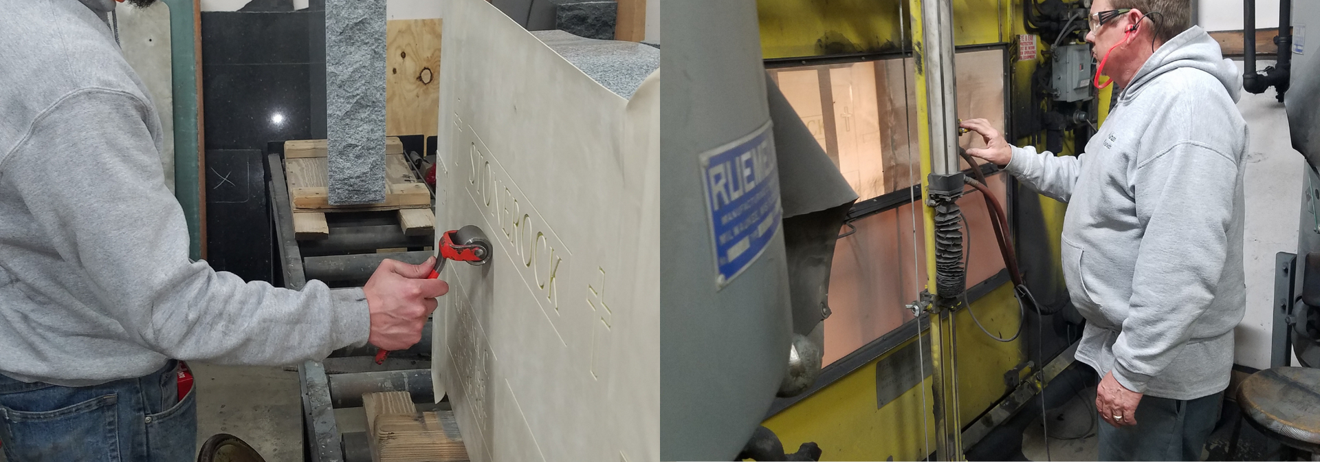 Workers handling a large wrapped machine in an industrial workshop
