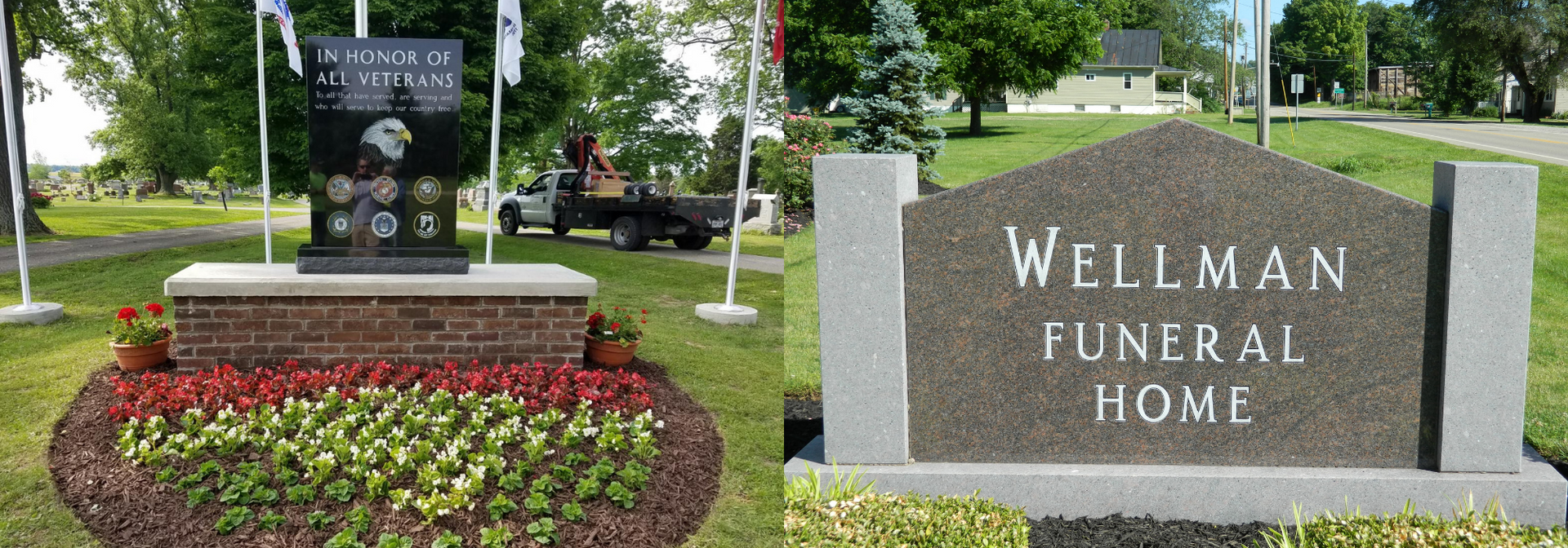 Wellman Funeral Home sign beside a flower bed and landscaped roadside