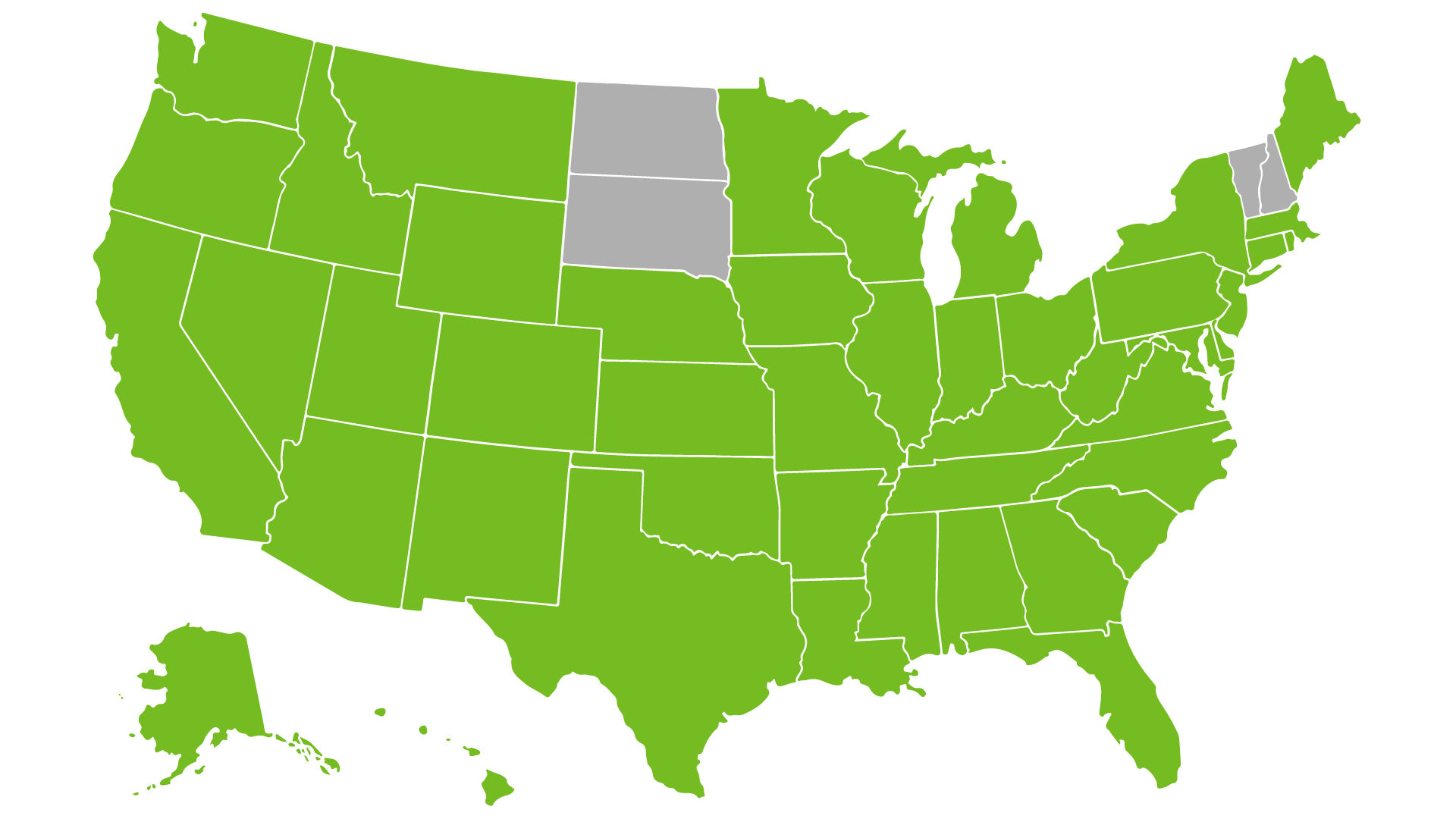 A green and white map of the united states displaying states in which truly is licensed to do business.