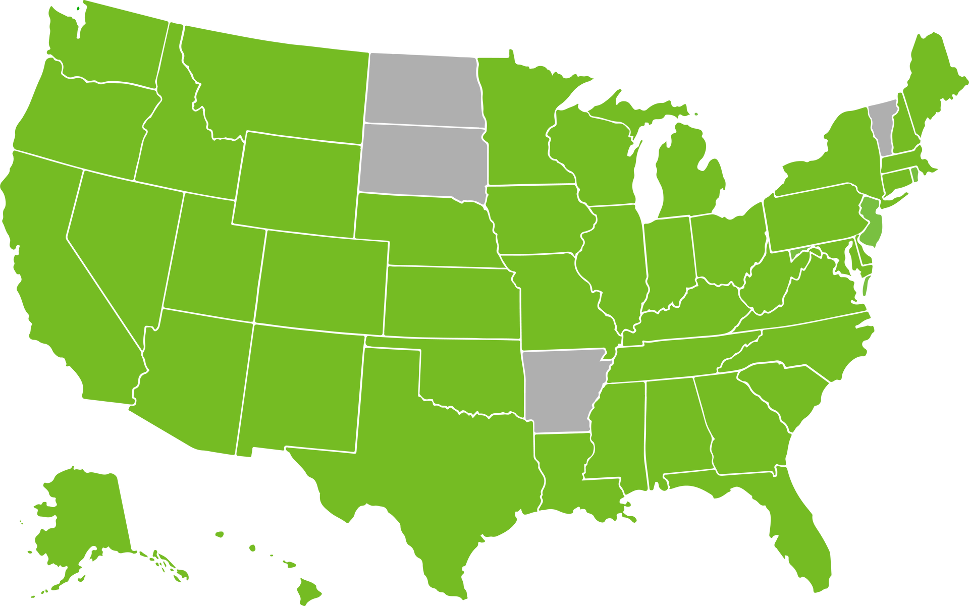 A green and white map of the united states displaying states in which truly is licensed to do business.