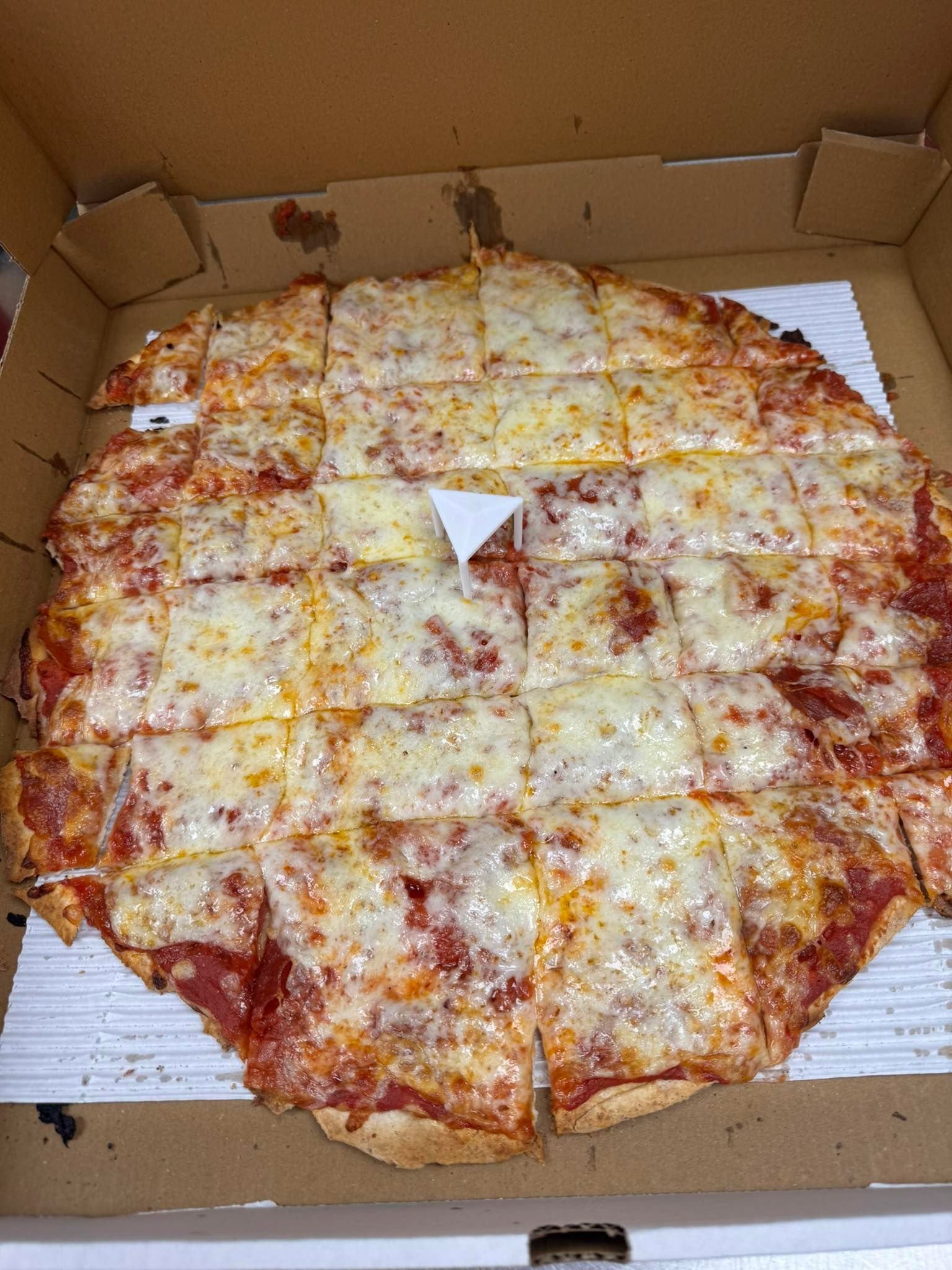 A cheese pizza is sitting in a cardboard box.