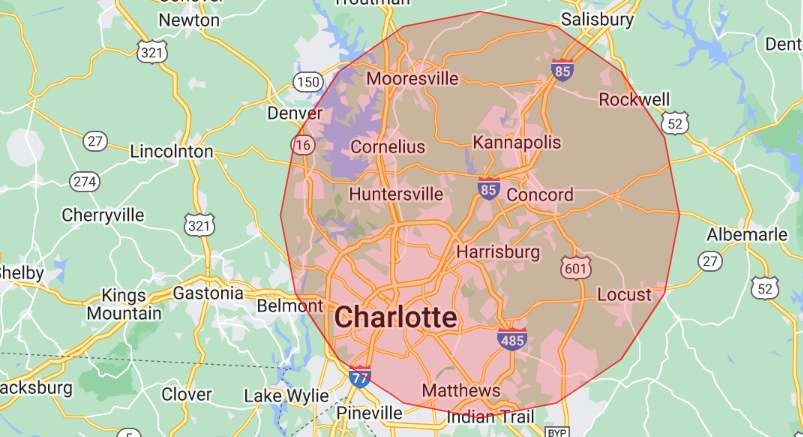 A map of charlotte , north carolina with a circle around the city.