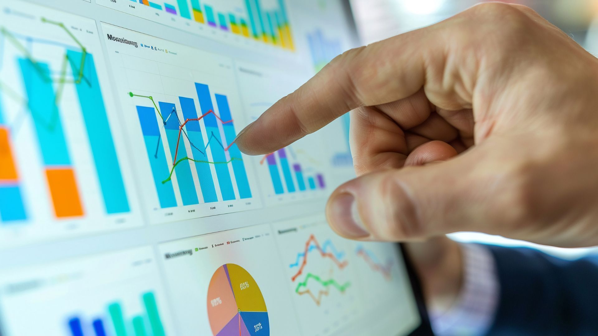 A hand points to a graph displaying financial data on a screen, various charts and colors present.