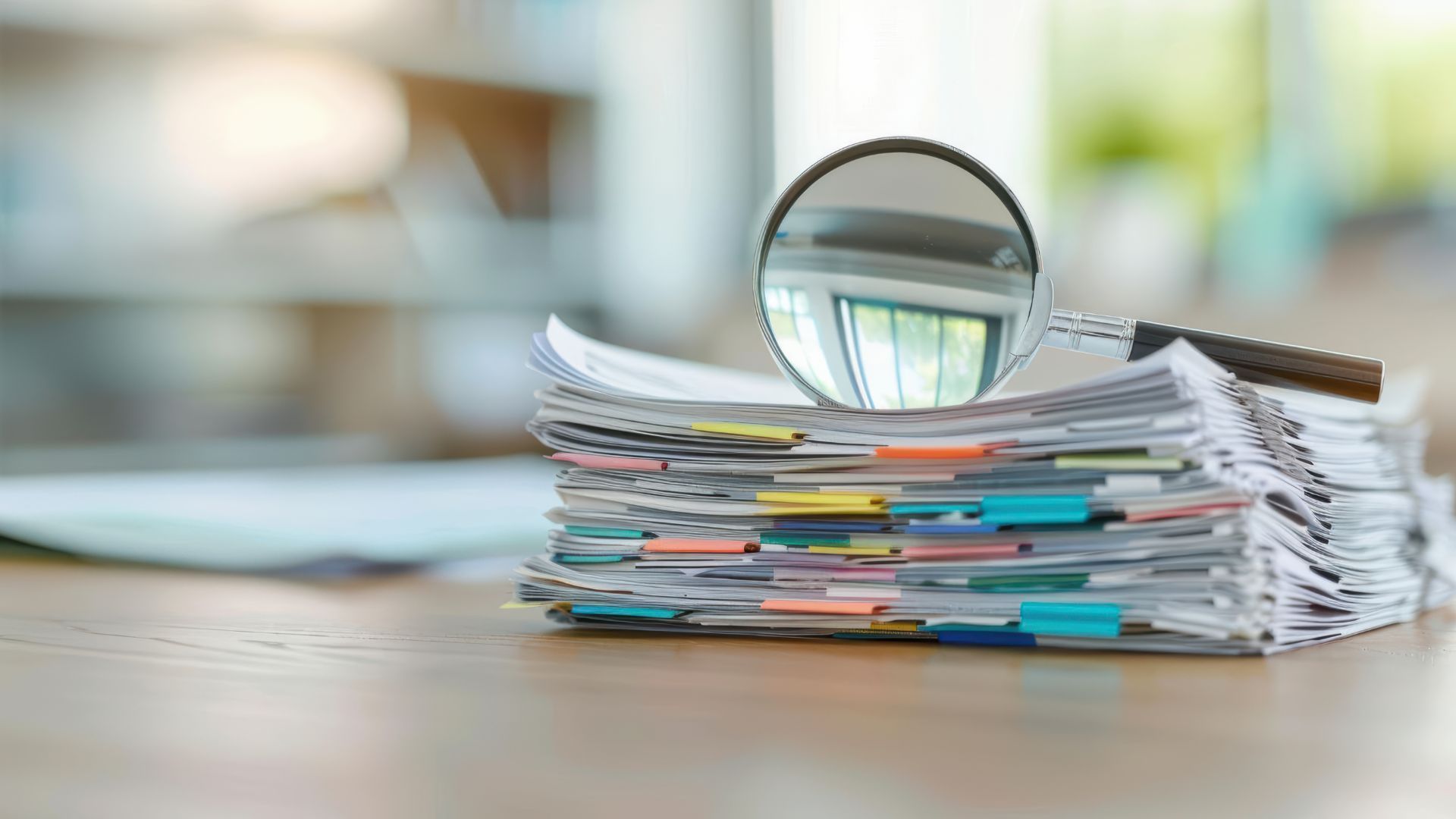 Magnifying glass over a stack of papers with colorful sticky tabs.