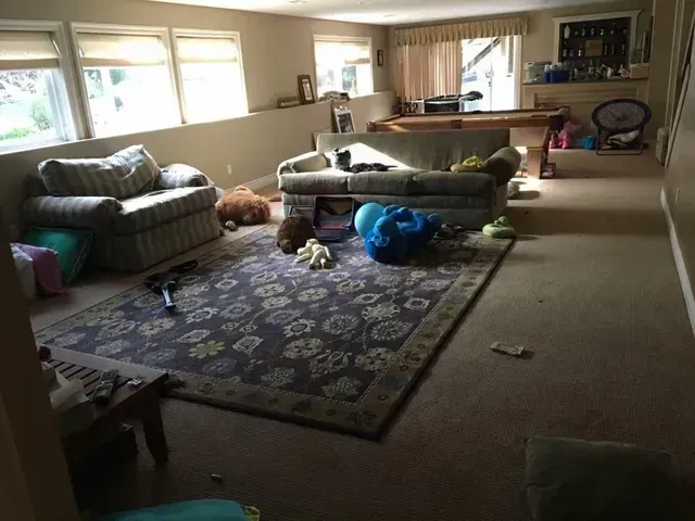 A cluttered living room with a rug, sofas, toys, and a pool table