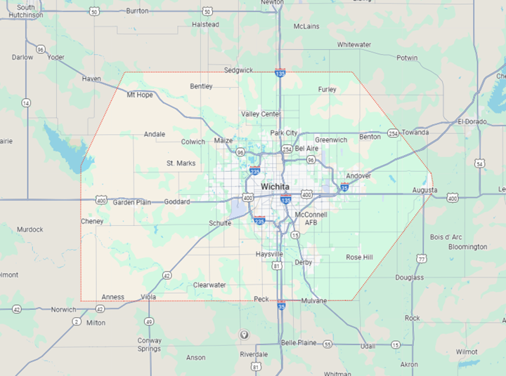 Map of Wichita, Kansas, with surrounding towns and highways highlighted in white