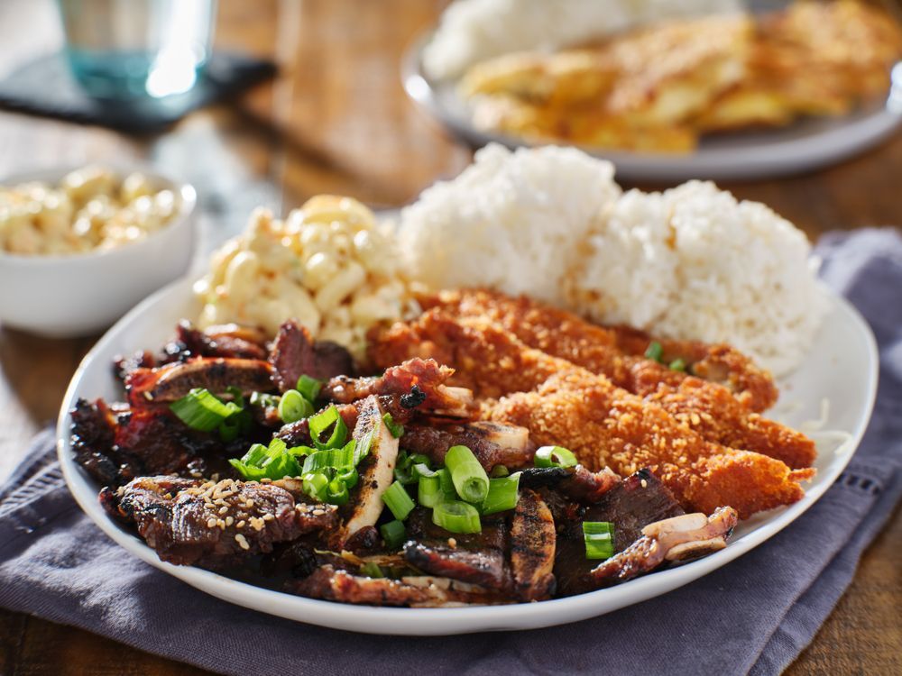 A plate of food with rice and meat on a table.