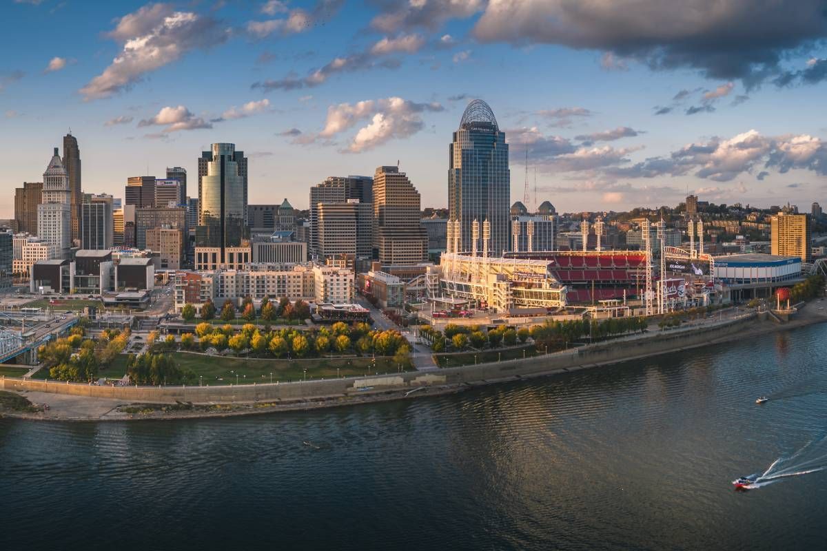 An aerial view of the Cincinnati, Ohio, skyline