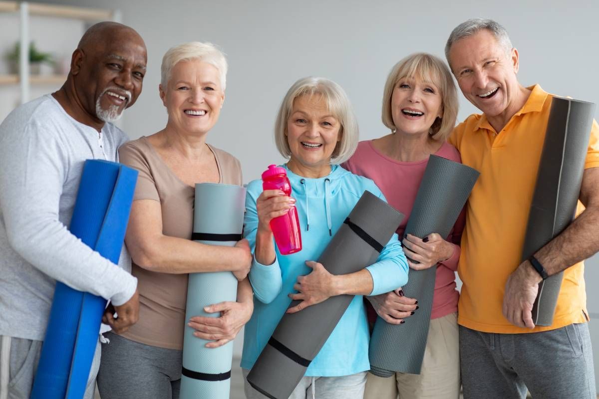 A group of active seniors in a yoga class near Cincinnati, OH