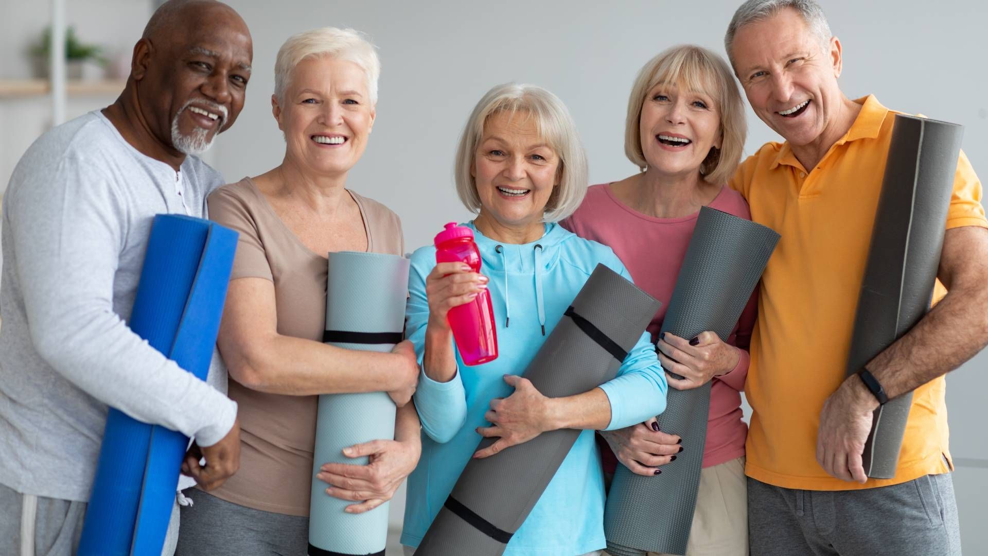 A group of active seniors in a yoga class near Cincinnati, OH