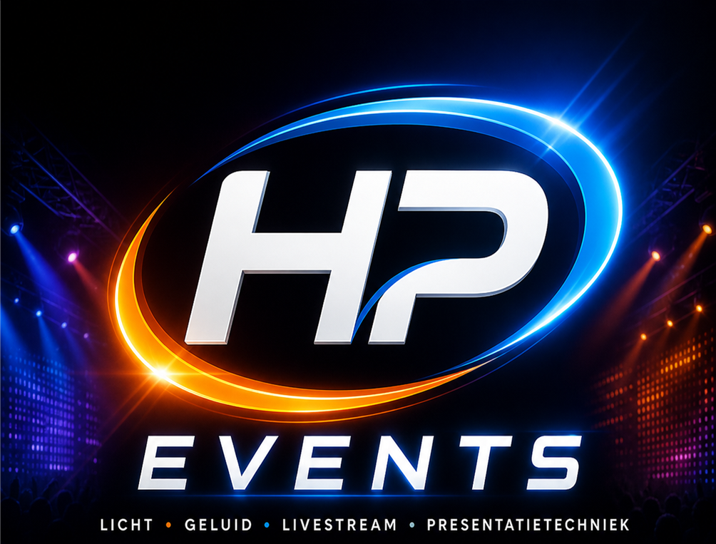 Het HP EVENTS-logo, met tekst die verwijst naar licht, audio, livestream en presentatietechnologie.
