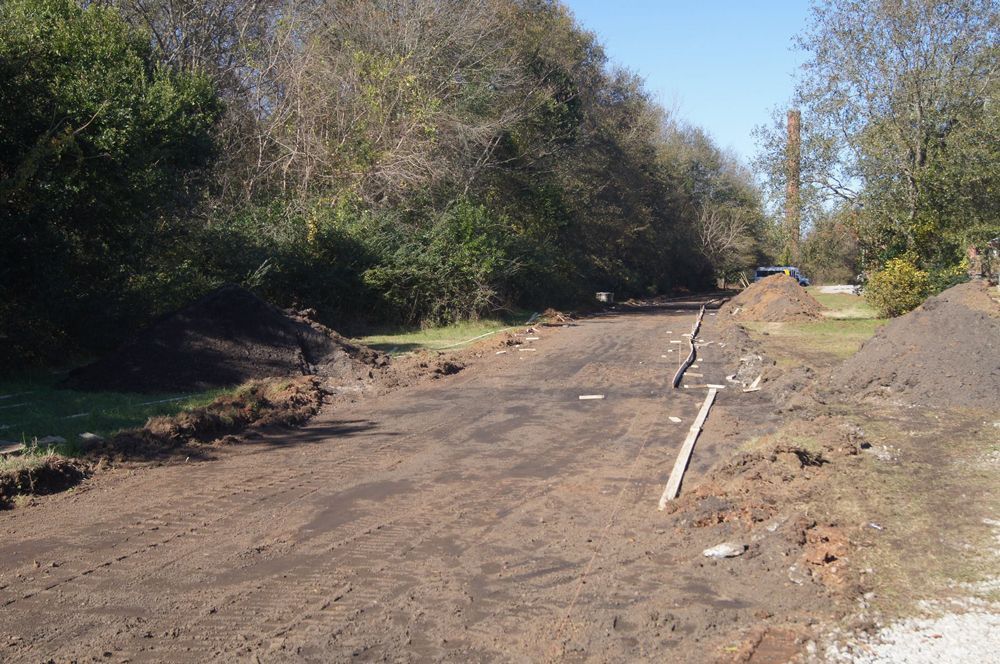A dirt road going through a forest with trees on both sides.