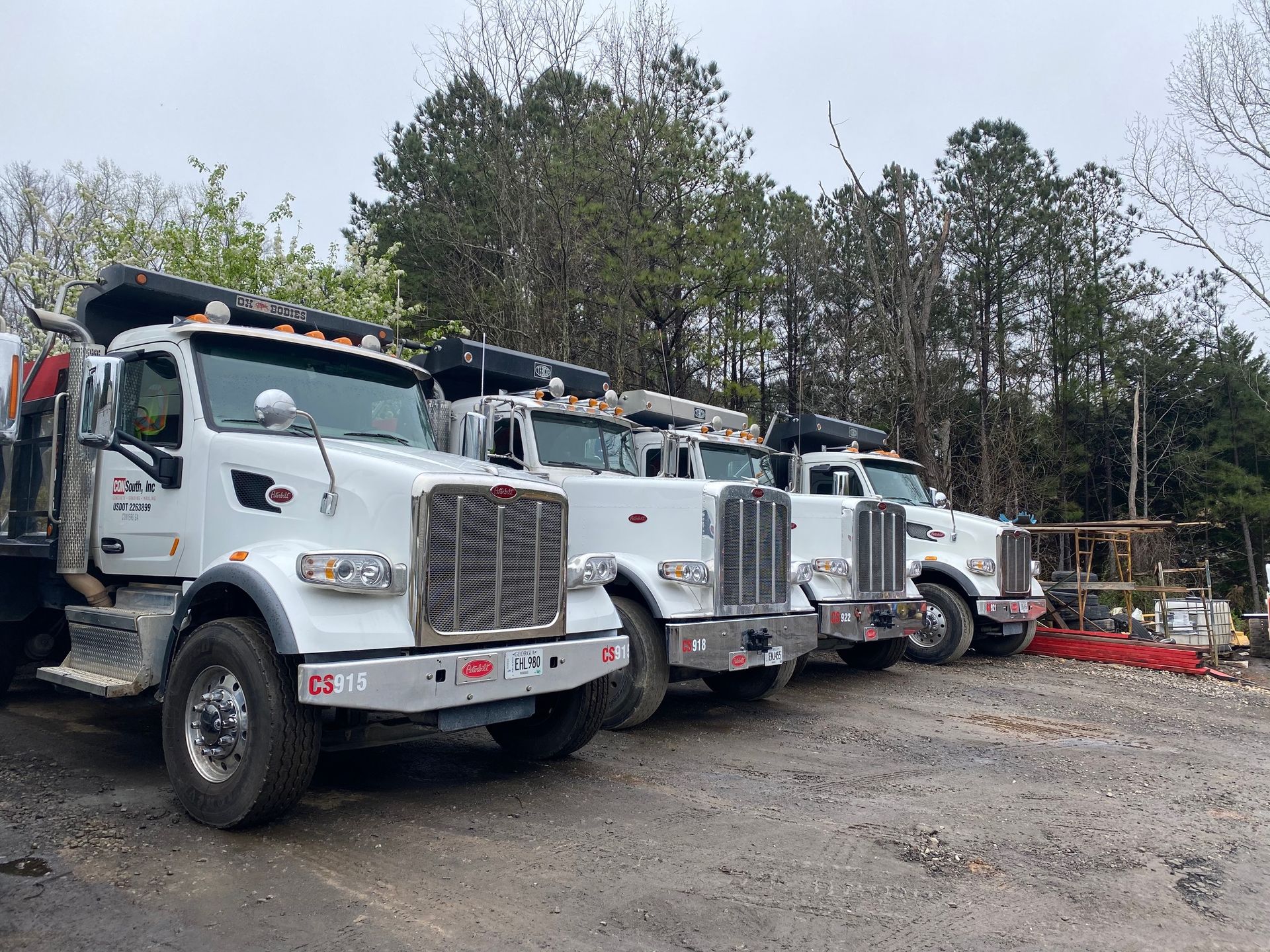 A row of dump trucks are parked in a dirt lot.