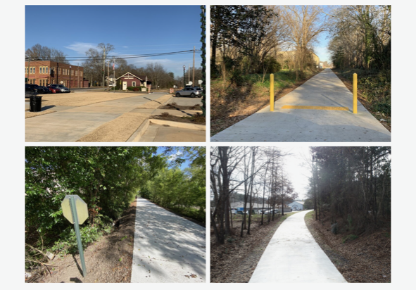 A collage of four pictures of a road and trees