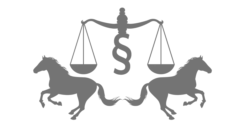 Die Silhouette eines Mannes, der eine Waage der Gerechtigkeit und zwei Pferde hält.