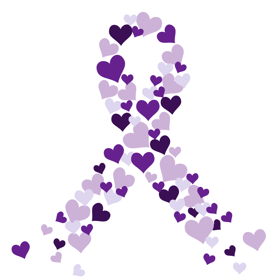 a purple ribbon made of purple hearts on a white background