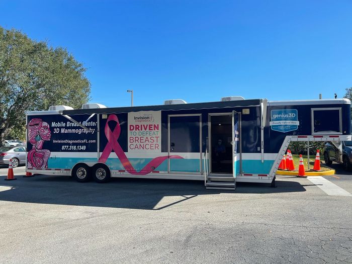 a breast cancer awareness truck is parked in a parking lot .