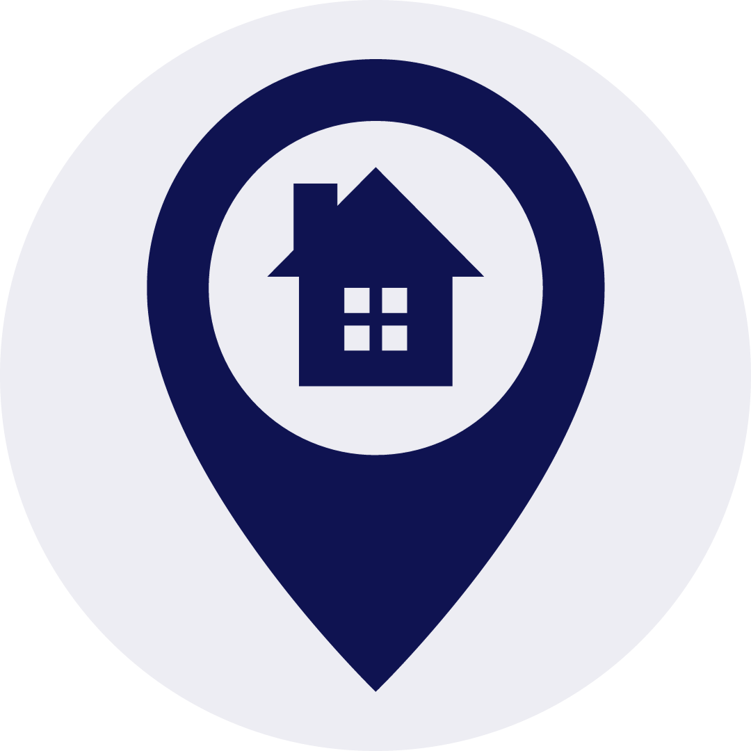 A blue pin with a house in the middle of it.