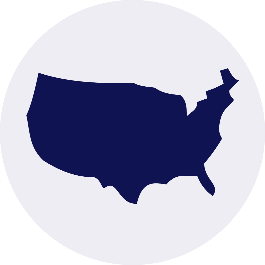 A blue silhouette of the united states of america in a white circle.