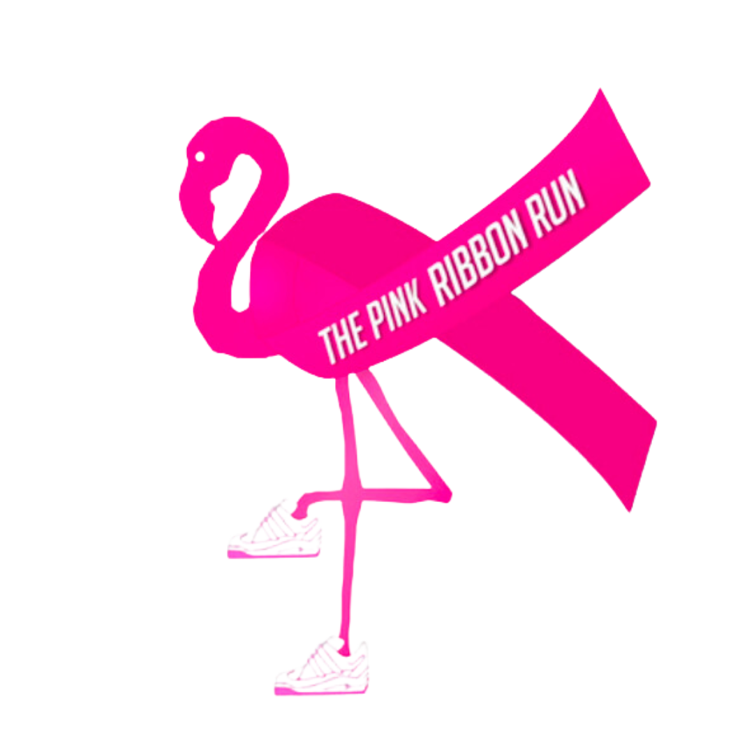 logo with a flamingo with a pink ribbon that says the pink ribbon run