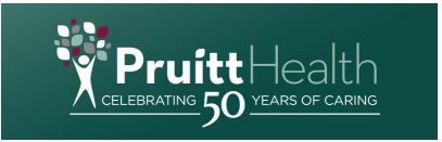 a logo for pruitt health celebrating 50 years of caring