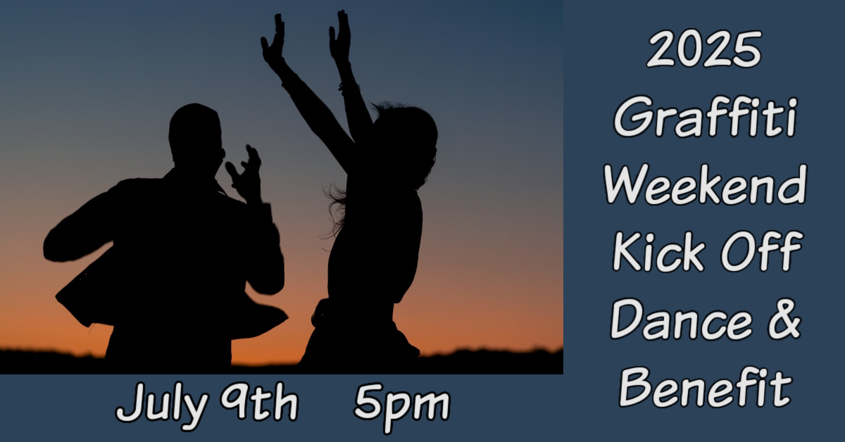 silhouettes of two people dancing joyously against a colorful sunset sky