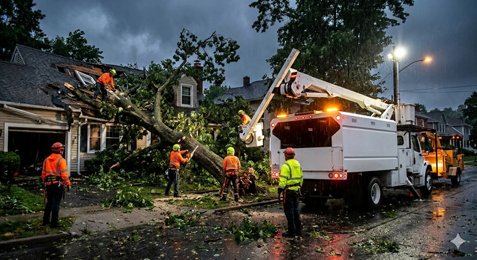 Emergency tree crew removing a fallen tree from a house.