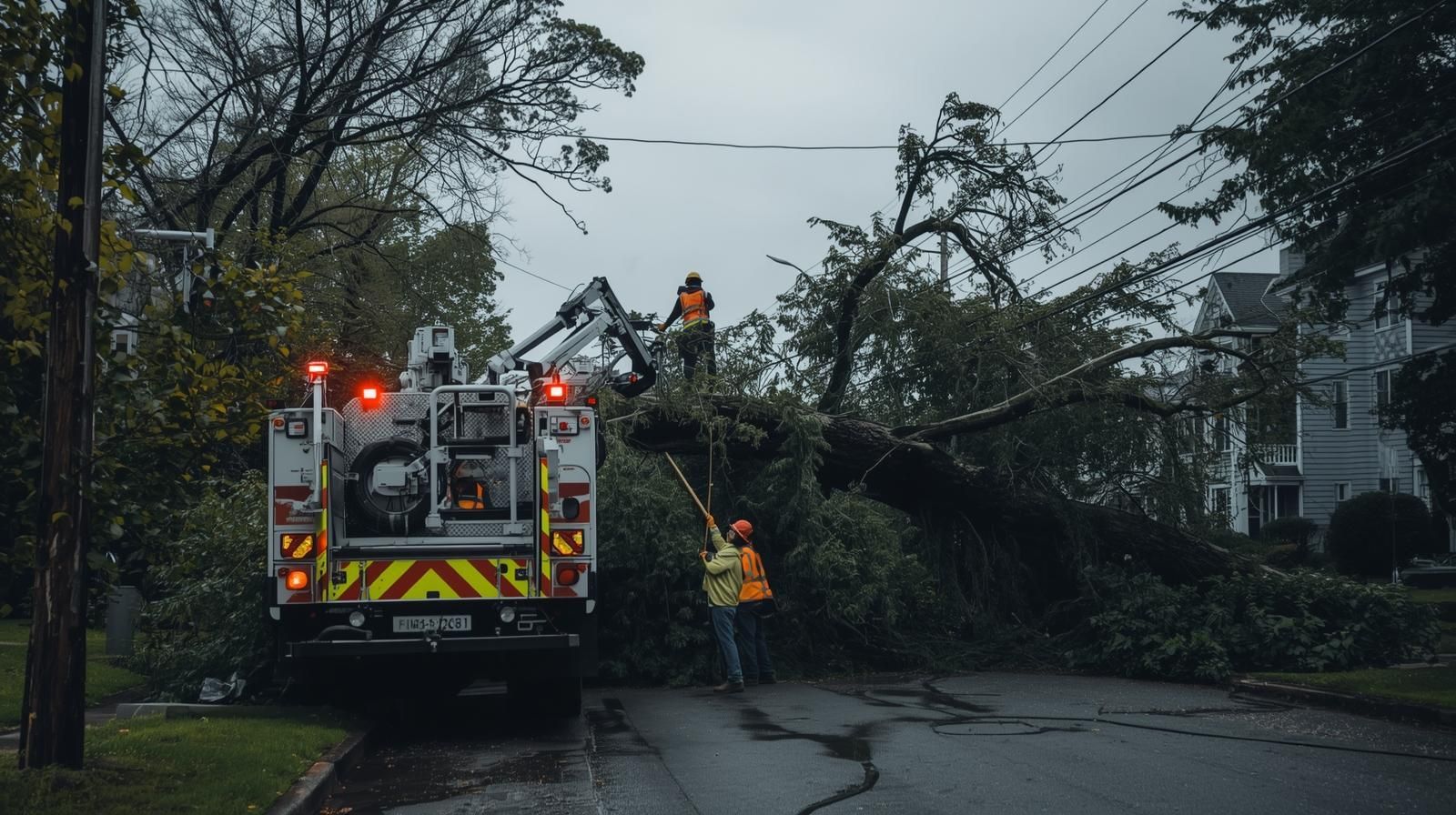 Emergency tree removal crew clearing a fallen tree on road.
