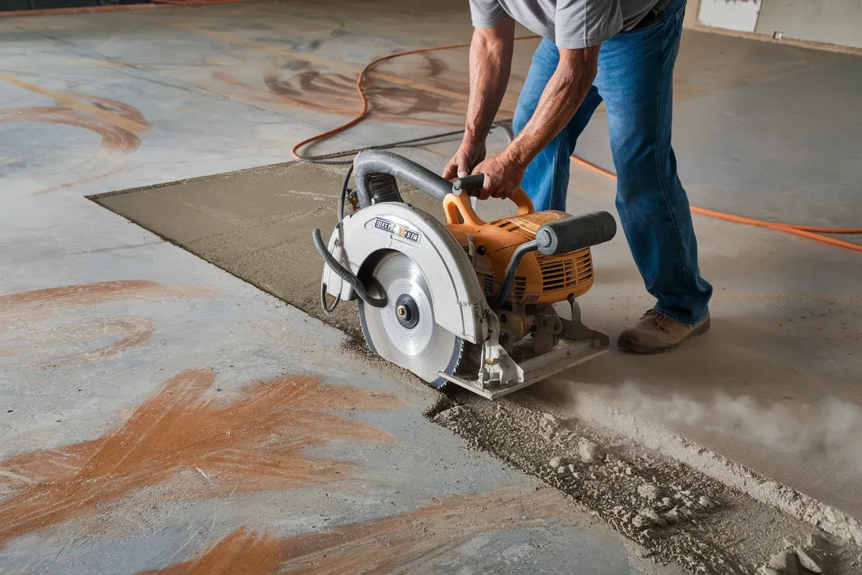 A man wearing orange gloves is using a trowel to spread concrete on a floor.