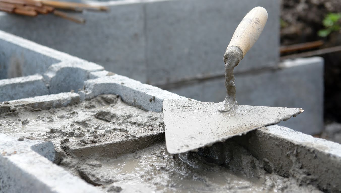A construction worker wearing yellow gloves is spreading concrete on the floor.