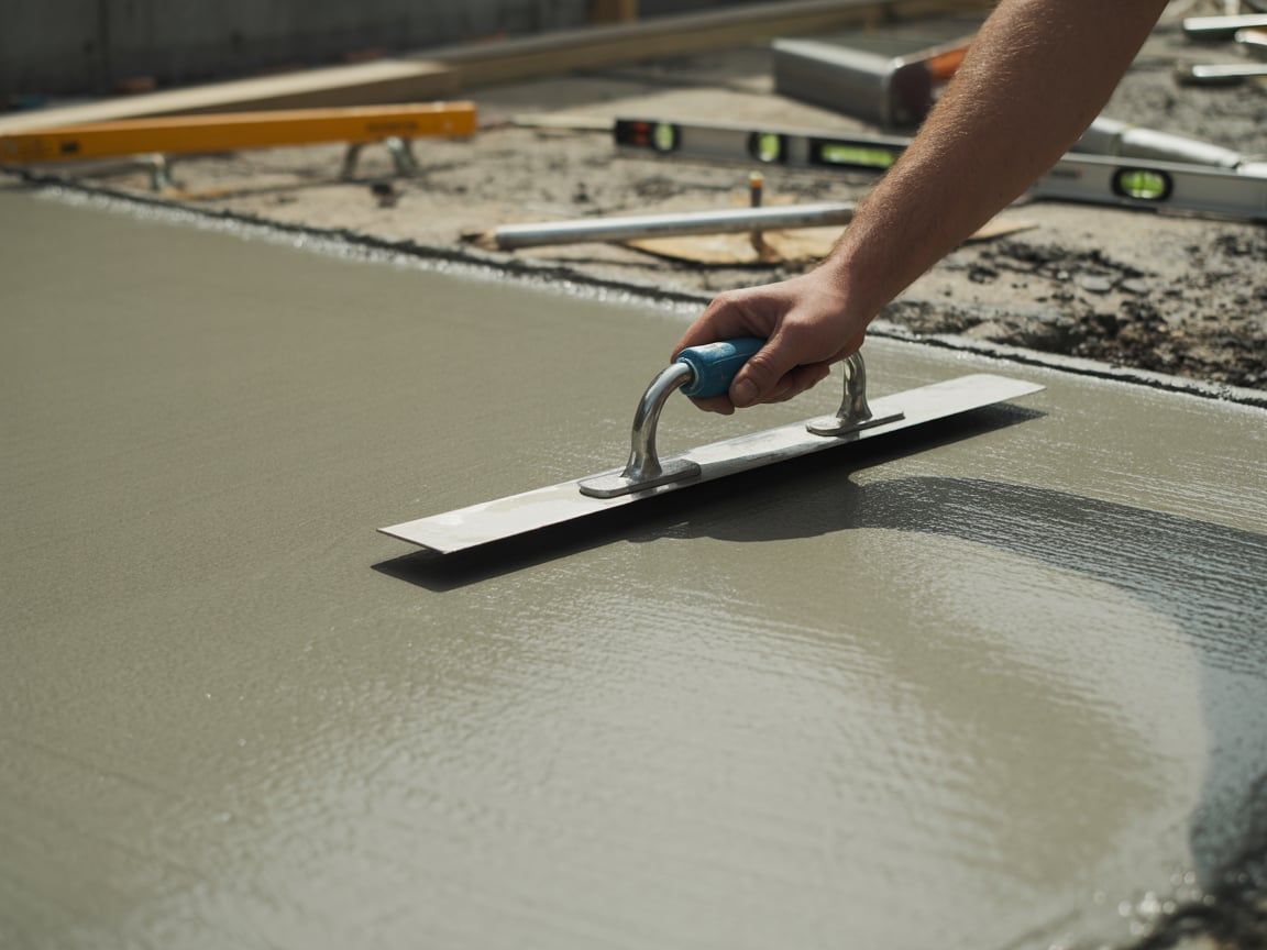 Person using a trowel to smooth wet concrete on a construction site.