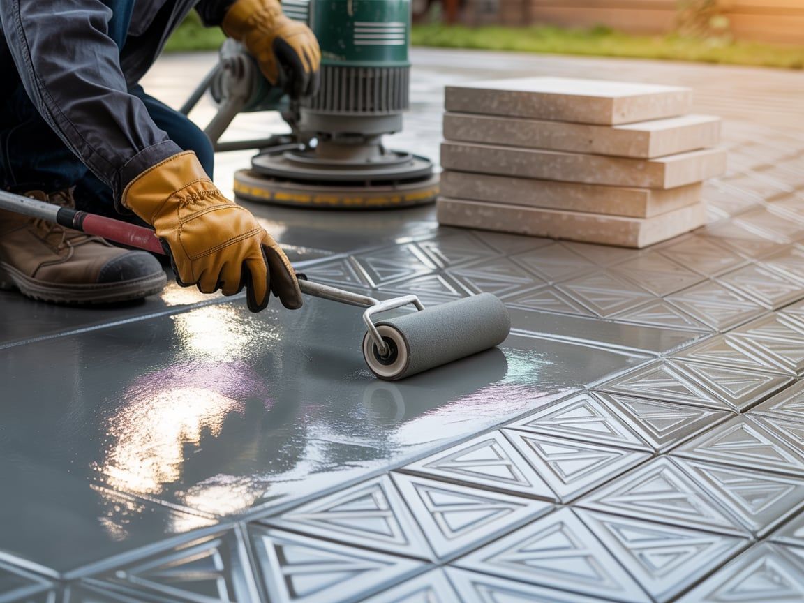 Person applying sealant to patterned tiles with a roller; stack of tiles nearby.
