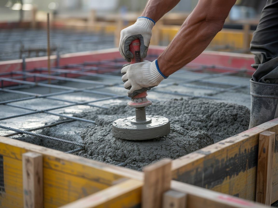Worker using a vibrator to settle wet concrete in a wooden form, outdoor setting.