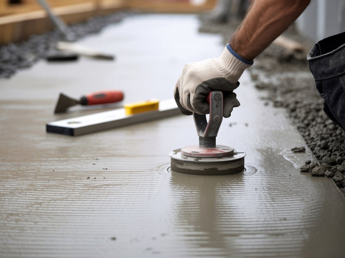 Worker using a hand tamper to smooth wet concrete on a construction site.