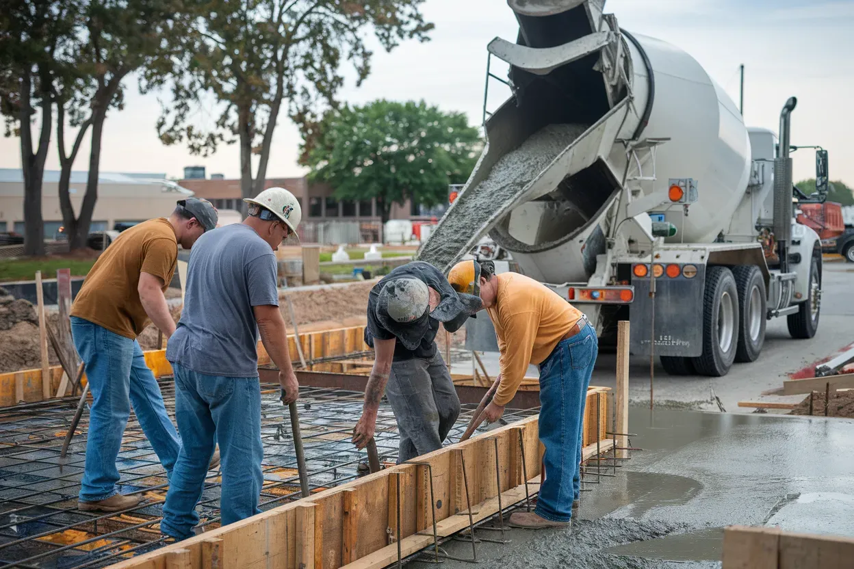 A construction worker wearing yellow gloves is spreading concrete on the floor.