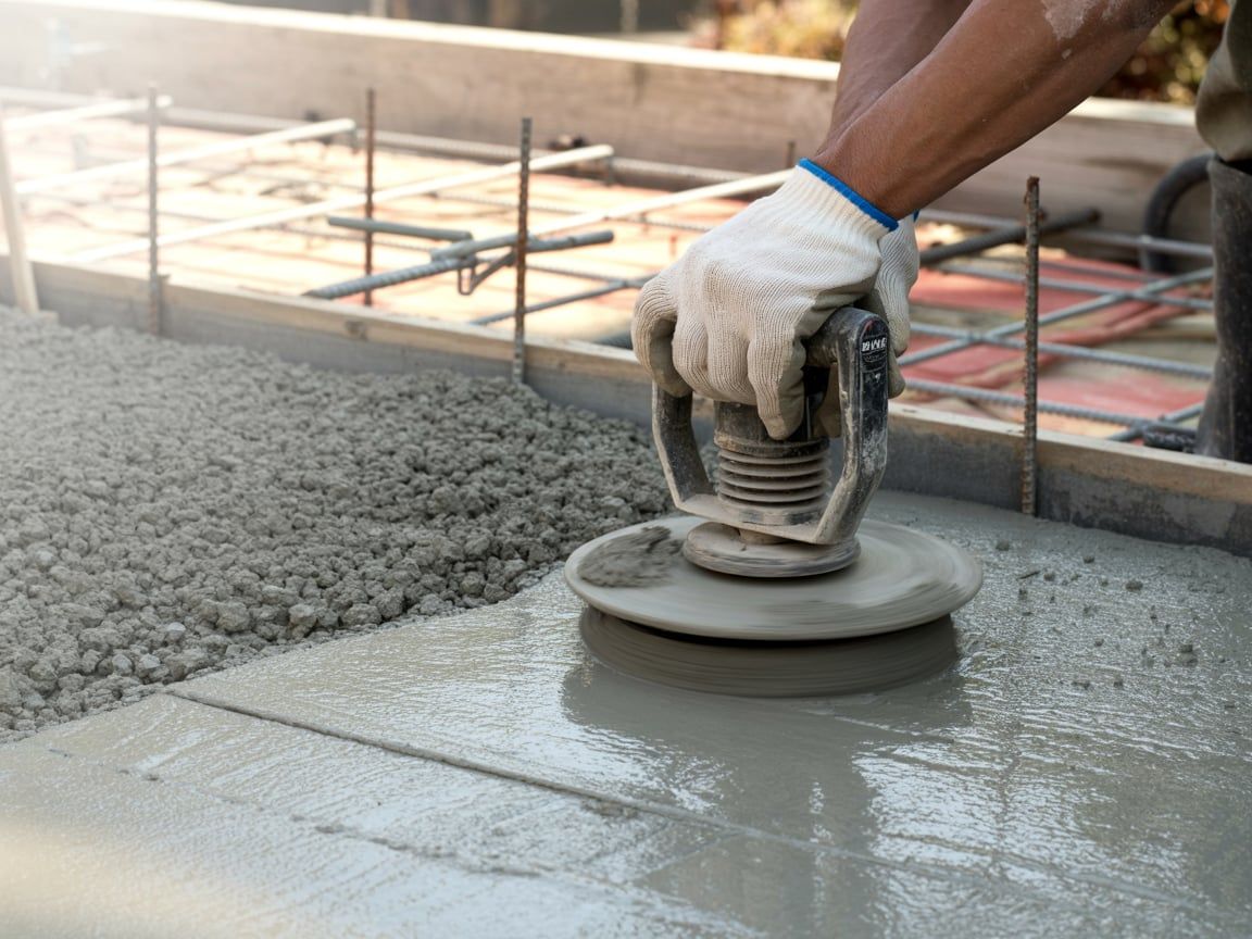 Person using a concrete vibrator to smooth a newly poured concrete surface.